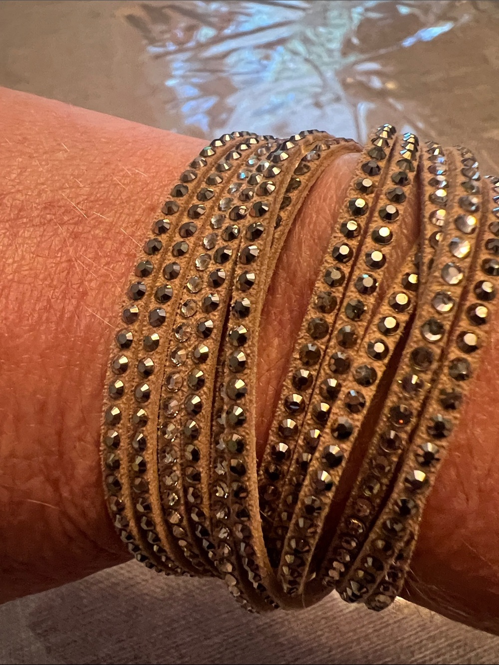 Swarovski Crystal-Embellished Tan Suede Multi-Strand Wrap Bracelet